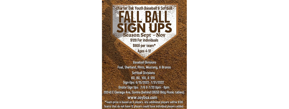 Fall Ball Registrations opens 6/15/2022 - 7/31/2022